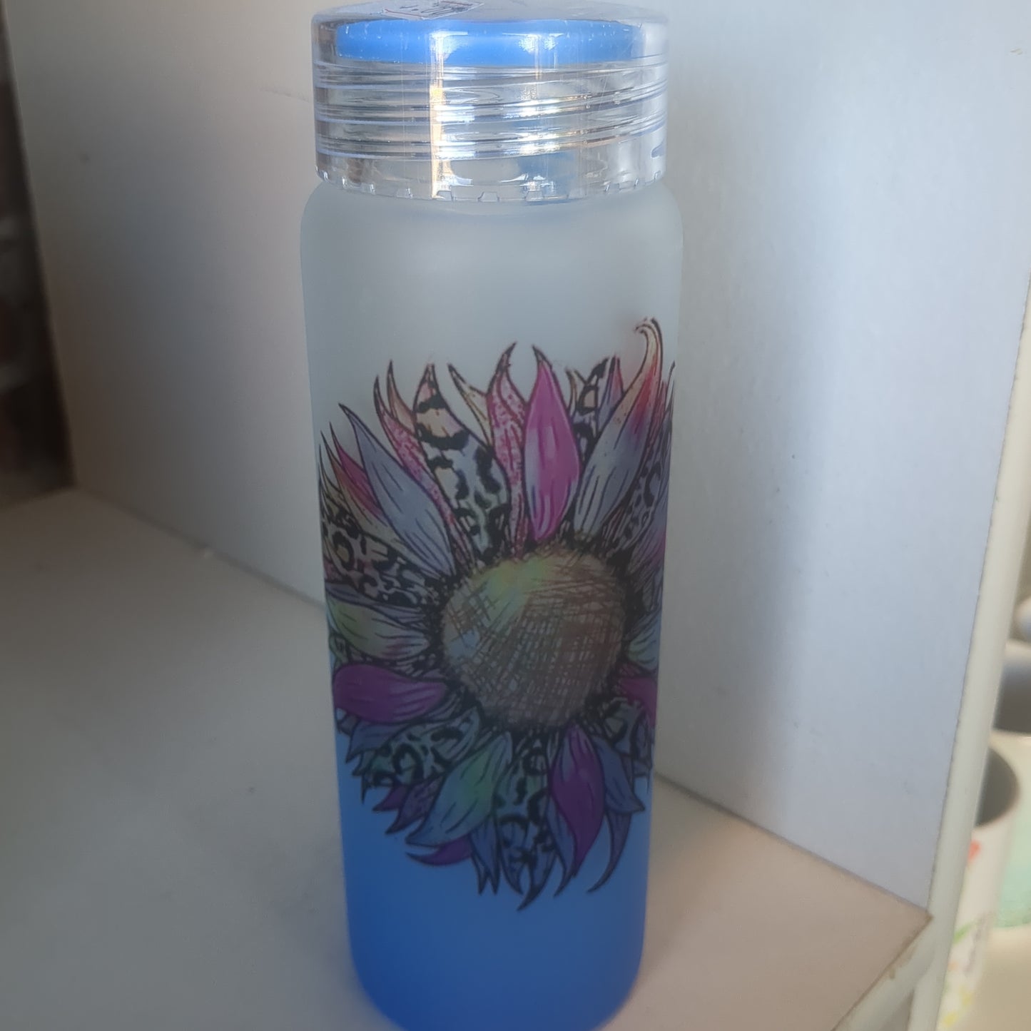 17oz Double Walled Blue Ombre Glass Tumbler Cheetah Sunflower