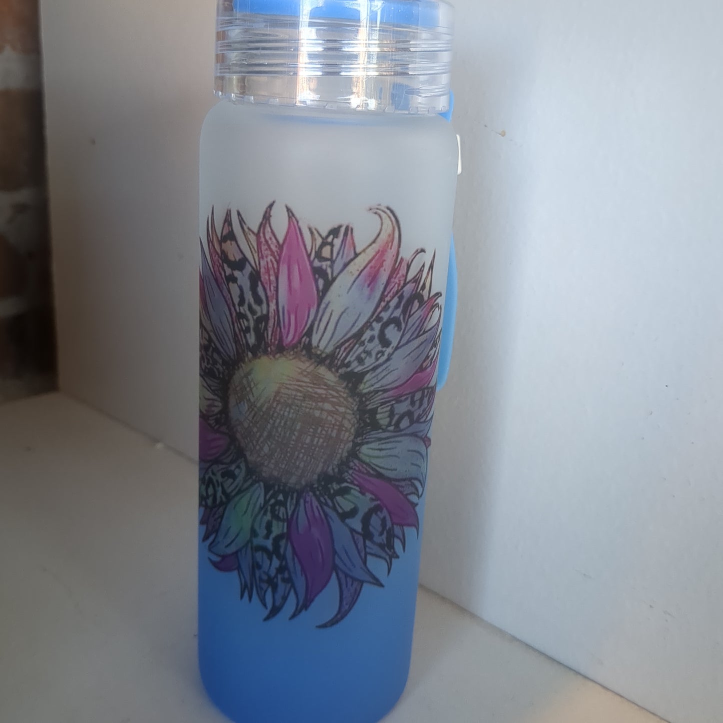 17oz Double Walled Blue Ombre Glass Tumbler Cheetah Sunflower