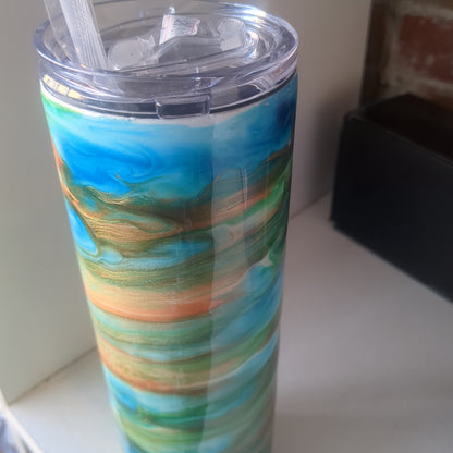 30 ounce stainless steel insulated alcohol ink art Tumbler blue, copper, aqua, green