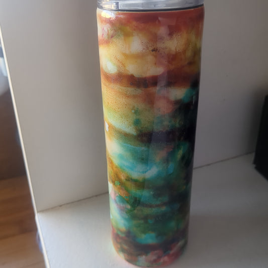 30 oz Stainless Steel Insulated Alcohol Ink Art Tumbler yellow, aqua, orange, red, glitter