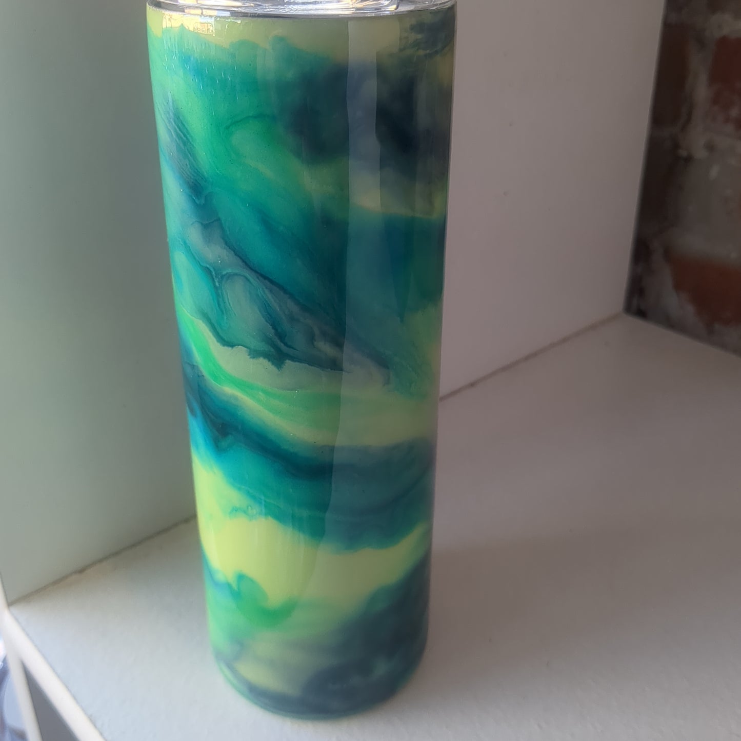 20 ounce stainless steel, Insulated, alcohol ink art Tumbler greens and blues
