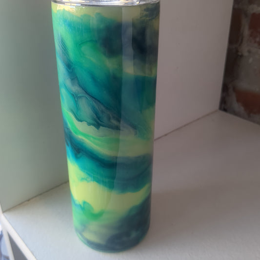 20 ounce stainless steel, Insulated, alcohol ink art Tumbler greens and blues