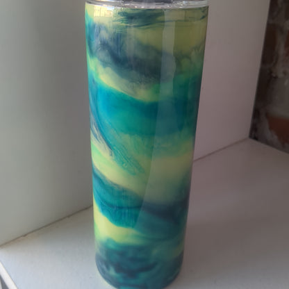 20 ounce stainless steel, Insulated, alcohol ink art Tumbler greens and blues