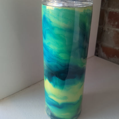 20 ounce stainless steel, Insulated, alcohol ink art Tumbler greens and blues