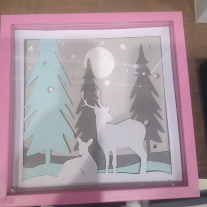 5 1/2 x 5 1/2 pink shadow box with paper cut deer in Forest serene