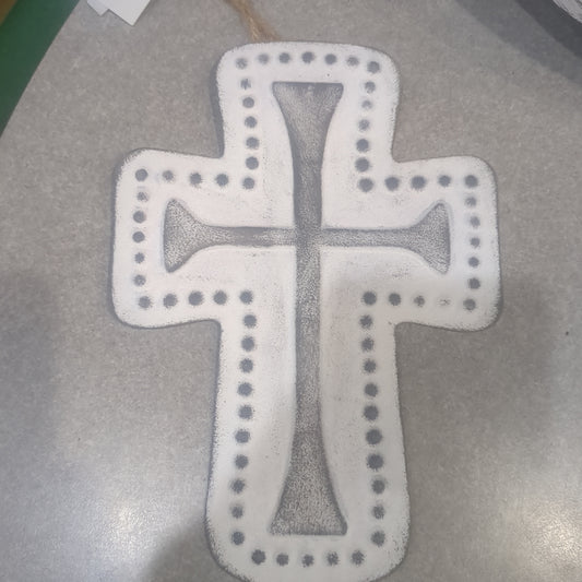 Distressed Metal Cross Dotted Ornament