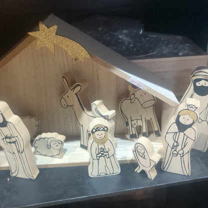 Wooden Nativity Set with book for kids