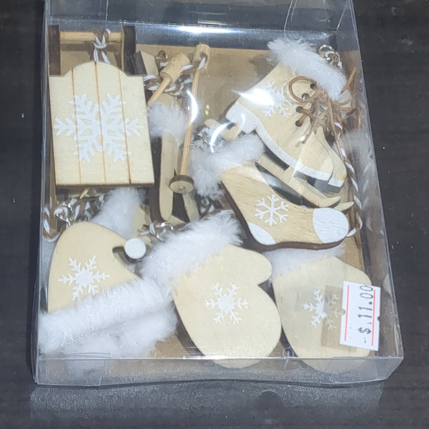 Set of 6 white and natural wood ornaments, skis, sled, skates, mittens, etc. 2-3in