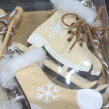 Set of 6 white and natural wood ornaments, skis, sled, skates, mittens, etc. 2-3in