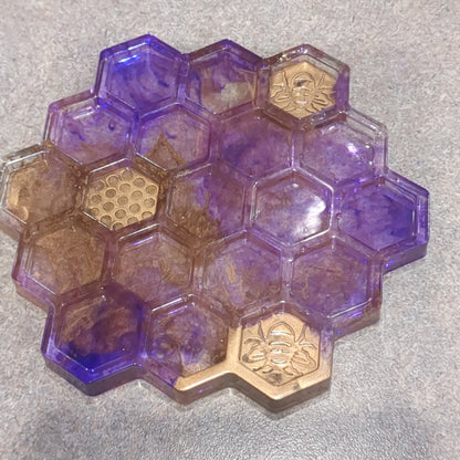 Coaster Set purple and gold bee and honeycomb unique gift