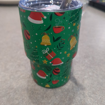 Shot glass / mini Tumbler for dolls and Barbies green. Raised Christmas symbol design