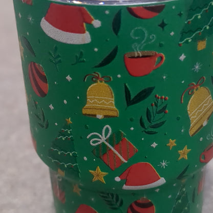 Shot glass / mini Tumbler for dolls and Barbies green. Raised Christmas symbol design