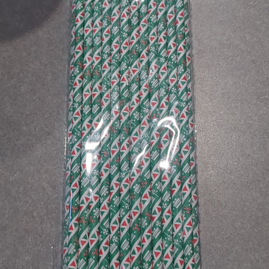 25 green, white and red paper drinking straws with gifts and candy canes