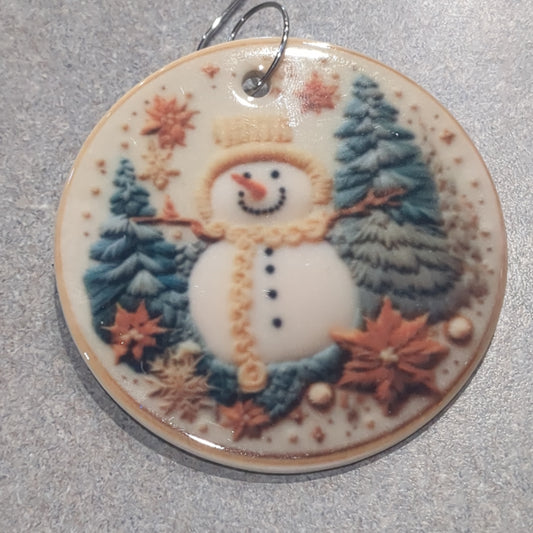 Ceramic ornament snowman with Trees, poinsettias yellow scarf and yellow hat