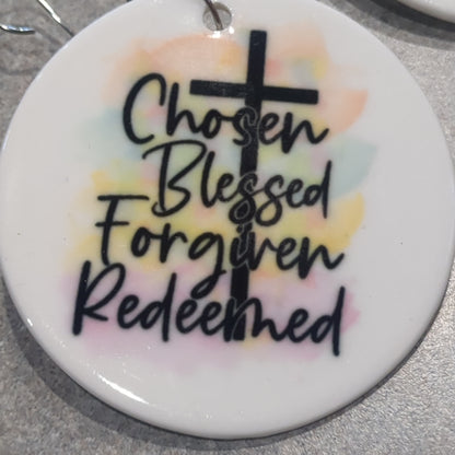 Ceramic ornament with a cross chosen blessed forgiven reading