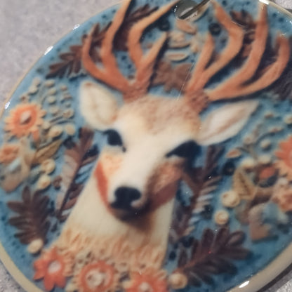 Ceramic ornament with a deer head surrounded by flowers and leaves, it appears 3D but it is not