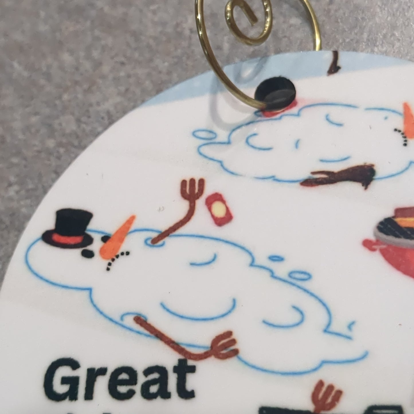 MDF ornament three snowmen melted around a grill and the words great idea Bob!