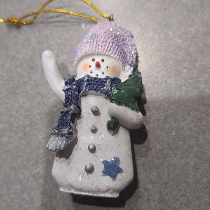 Polycrylic snowman ornament with a tree lilac and purple