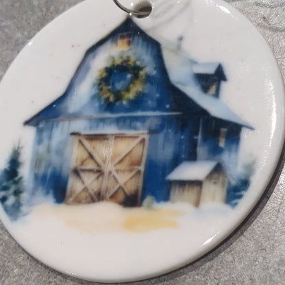 Ceramic ornament blue barn