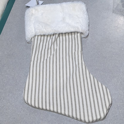 Stocking white with grey stripes.  Fuzzy white upper cufft