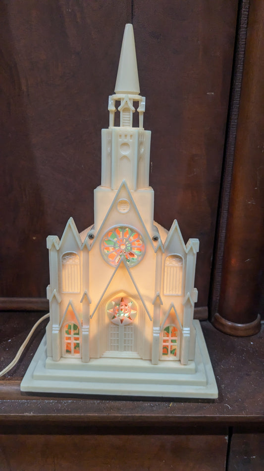 Rare and Vintage Raylite Cathedral Christmas Light Up, Musical, Celluloid Church