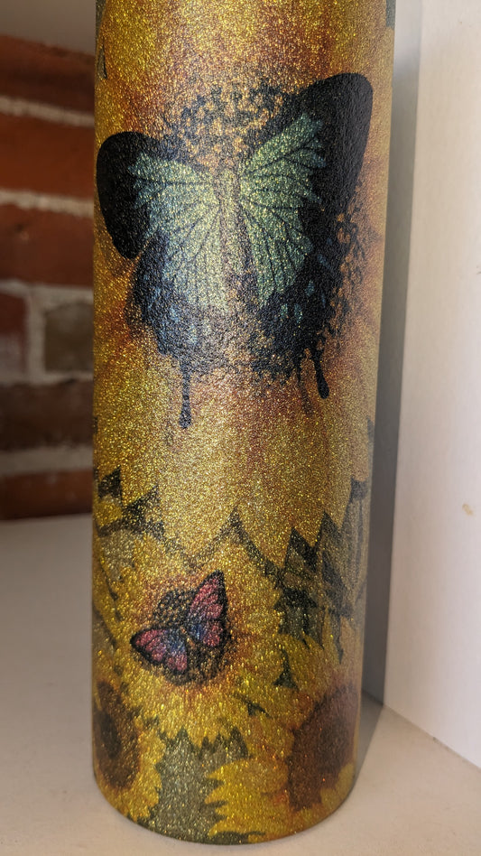 20 Oz Stainless Steel Insulated Glitter Tumbler Butterflies And Sunflowers