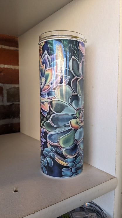 20 Oz Stainless Steel Insulated Tumbler With Two Tops And A Succulent Pattern