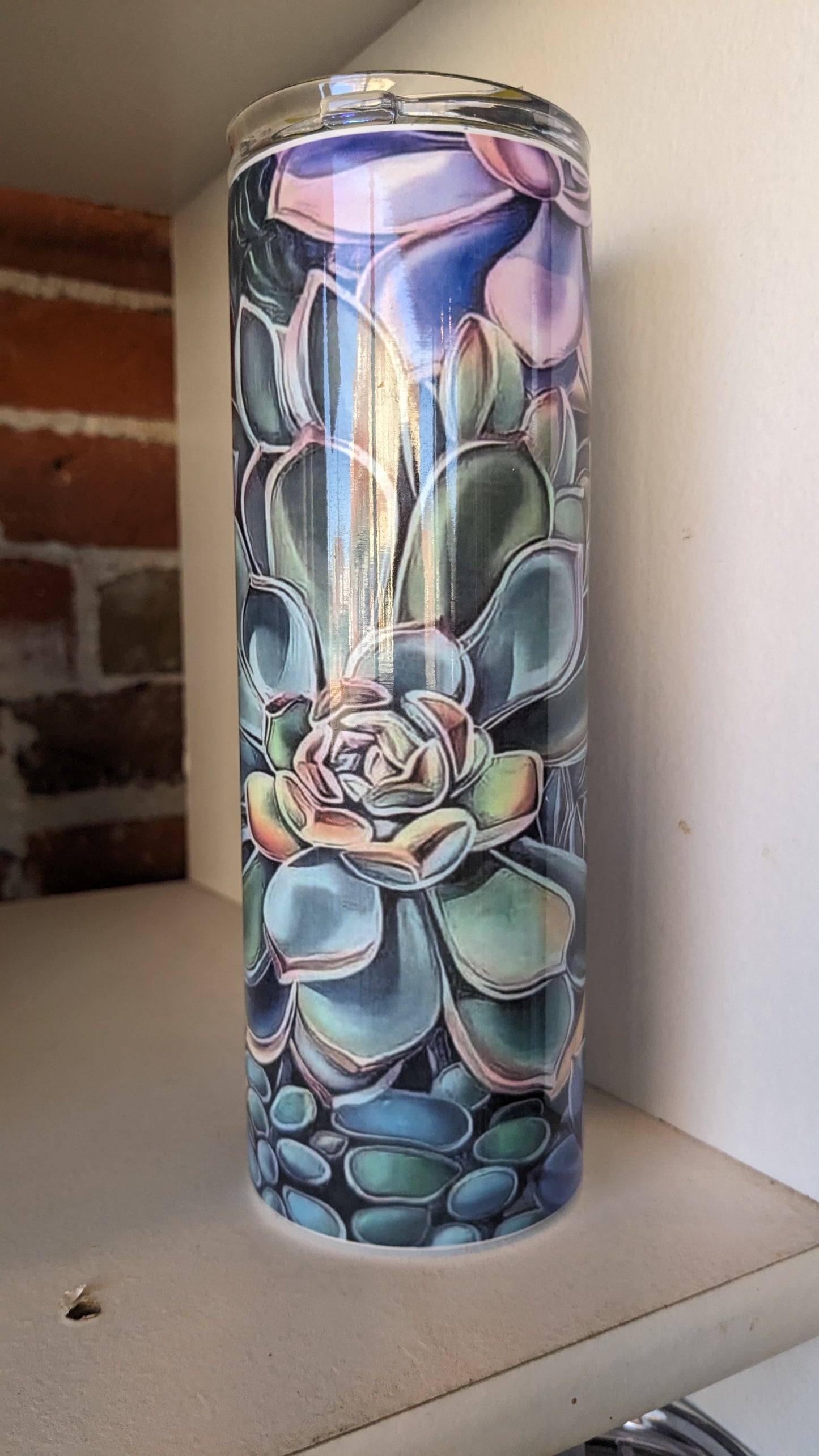 20 Oz Stainless Steel Insulated Tumbler With Two Tops And A Succulent Pattern