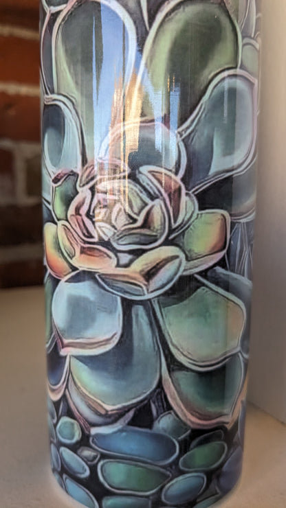 20 Oz Stainless Steel Insulated Tumbler With Two Tops And A Succulent Pattern