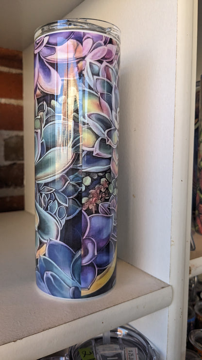 20 Oz Stainless Steel Insulated Tumbler With Two Tops And A Succulent Pattern