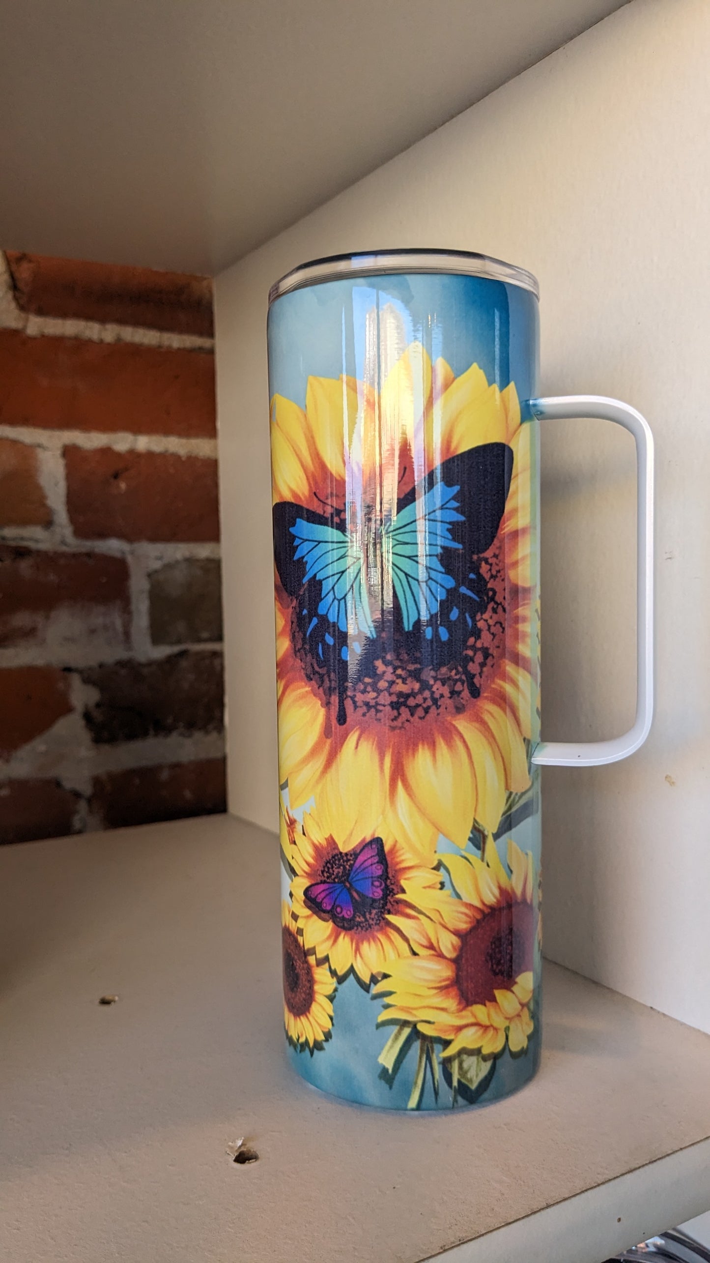 20 Oz Stainless Steel Insulated Tumbler With Handle sunflower and butterfly