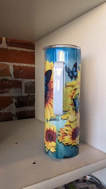 20 Oz Stainless Steel Insulated Tumbler With A Handle Butterflies And Sunflowers