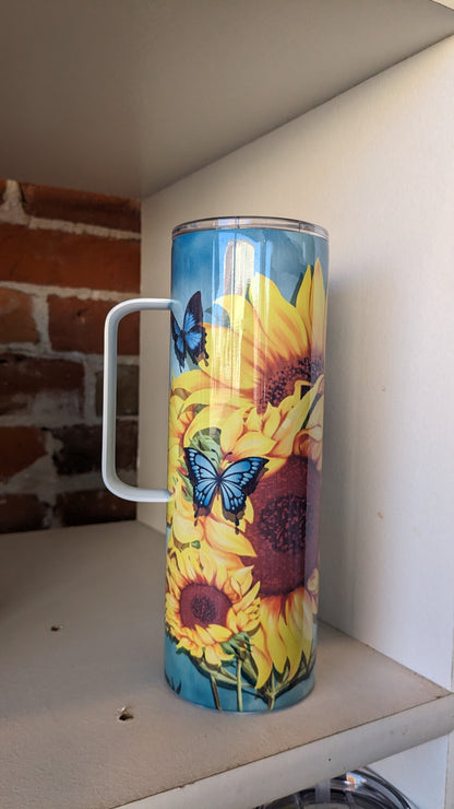 20 Oz Stainless Steel Insulated Tumbler With Handle sunflower and butterfly