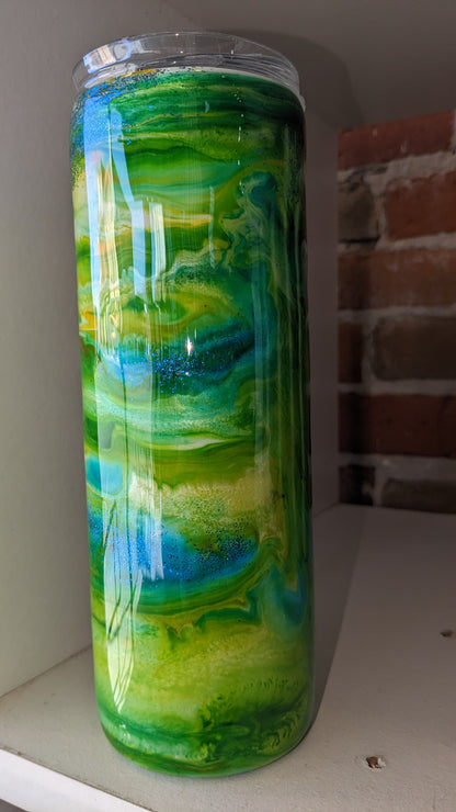 20 Oz Stainless Steel Insulated Tumbler Alcohol Ink Yellow Green And Blue