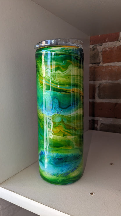 20 Oz Stainless Steel Insulated Tumbler Alcohol Ink Yellow Green And Blue