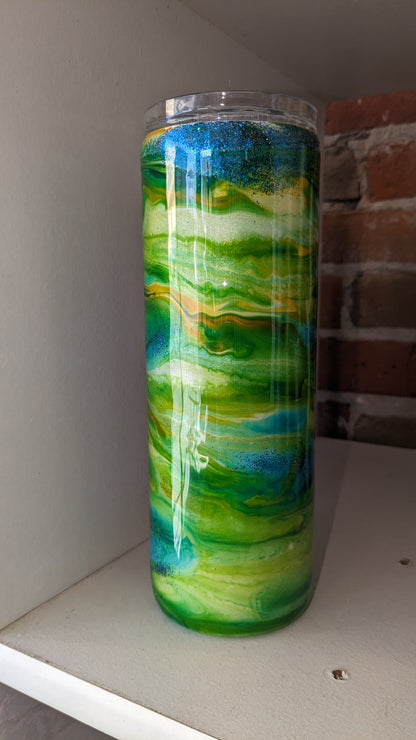 20 Oz Stainless Steel Insulated Tumbler Alcohol Ink Yellow Green And Blue