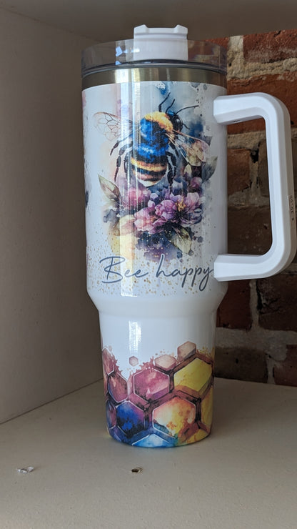 40 Oz Insulated Stainless Steel Tumbler Watercolor bee happy, bee kind, bee sweet