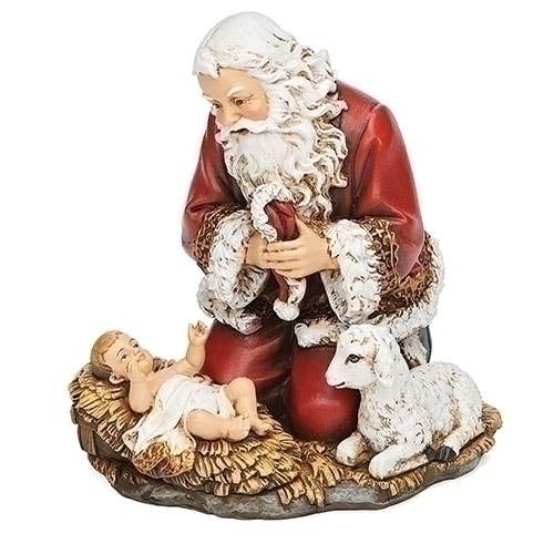 5" H Kneeling Santa Holding Hat W/Baby & Lamb Figure