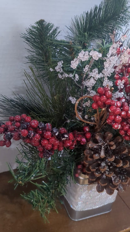 Christmas arrangement in silver tin