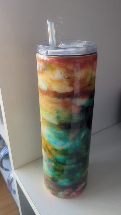 30 oz Stainless Steel Insulated Alcohol Ink Art Tumbler yellow, aqua, orange, red, glitter