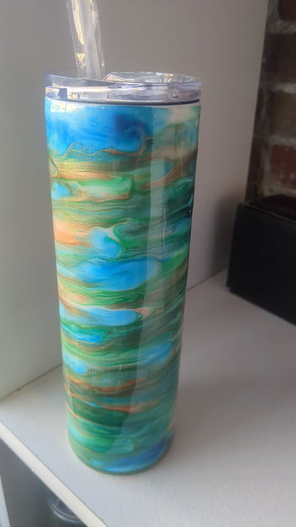 30 ounce stainless steel insulated alcohol ink art Tumbler blue, copper, aqua, green