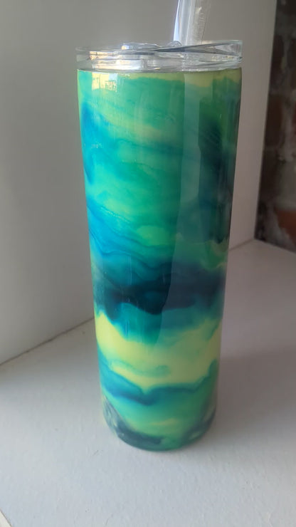 20 ounce stainless steel, Insulated, alcohol ink art Tumbler greens and blues