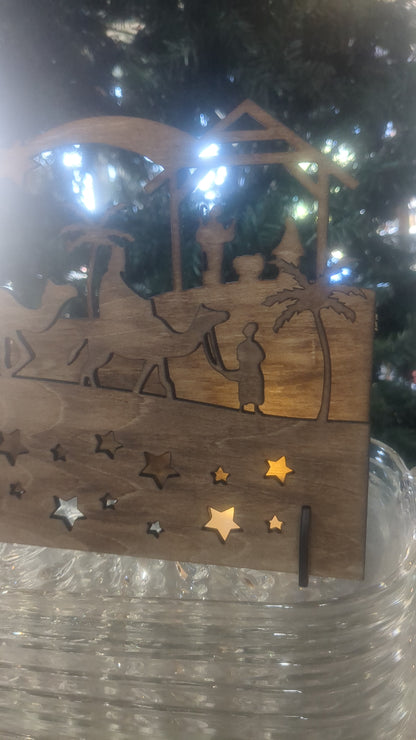 Wooden, laser cut Nativity. Lights up