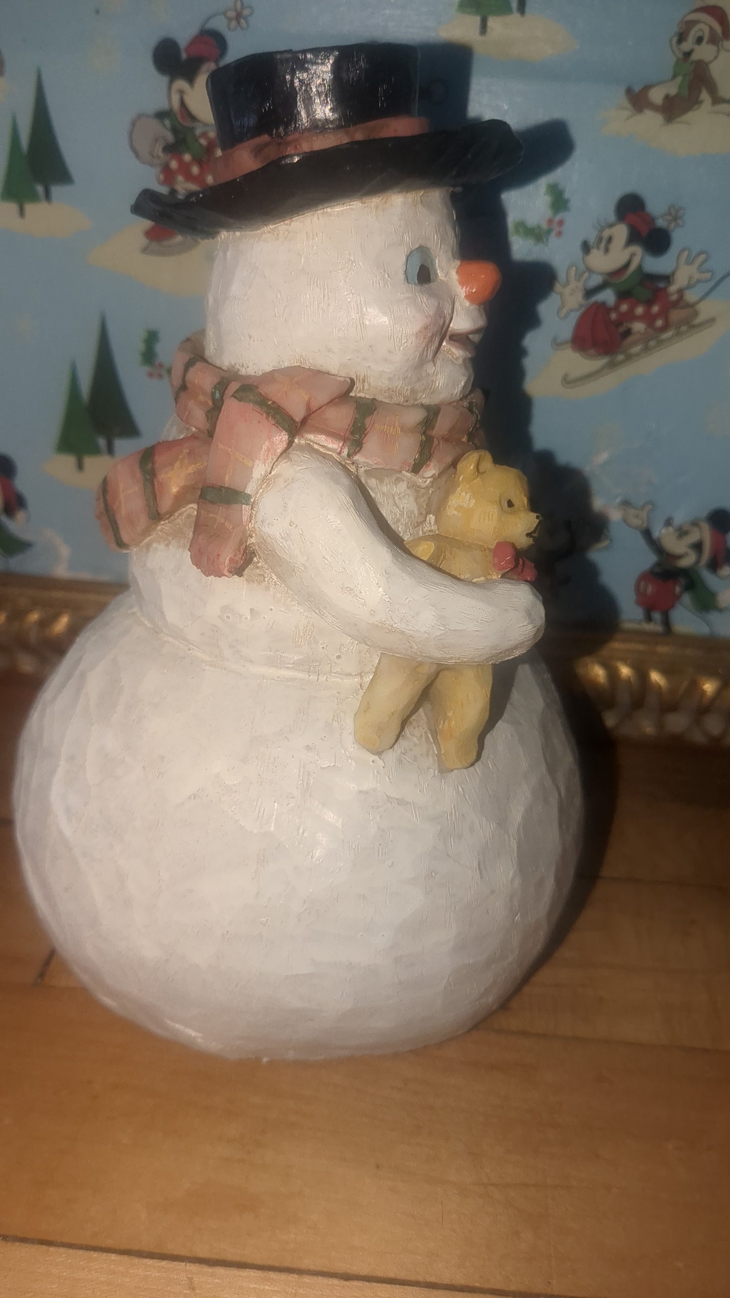 World Bazaars Polycrylic snowman. Holding teddy and tree