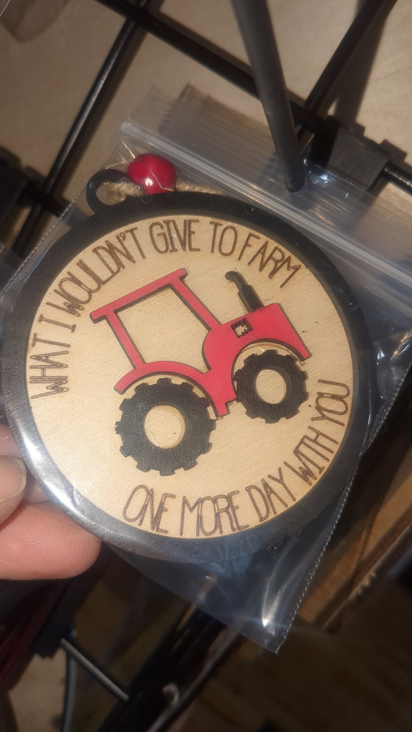 Ornament or car charm memorial memorial with red tractor