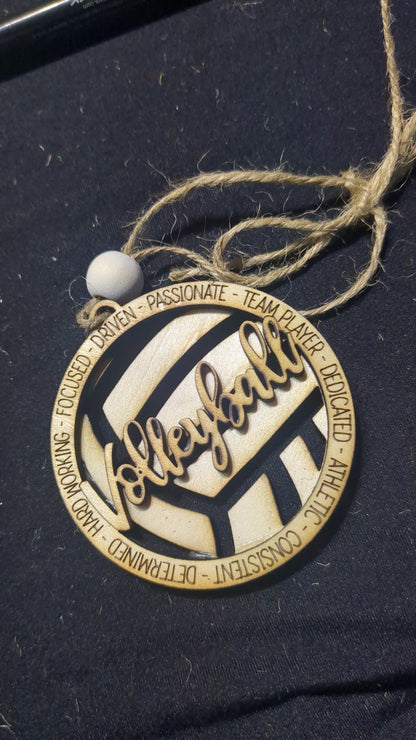 Wooden ornament or car charm.  Volleyball