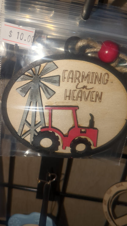 Ornament or car charm memorial memorial with red tractor and windmill