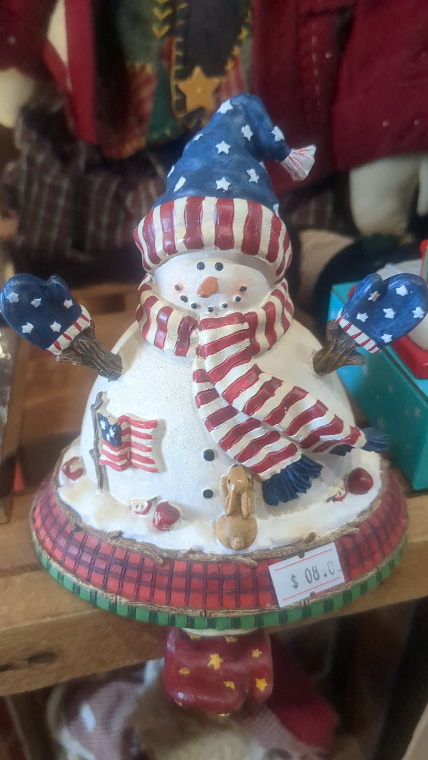 Polyresin stocking holder patriotic snowman