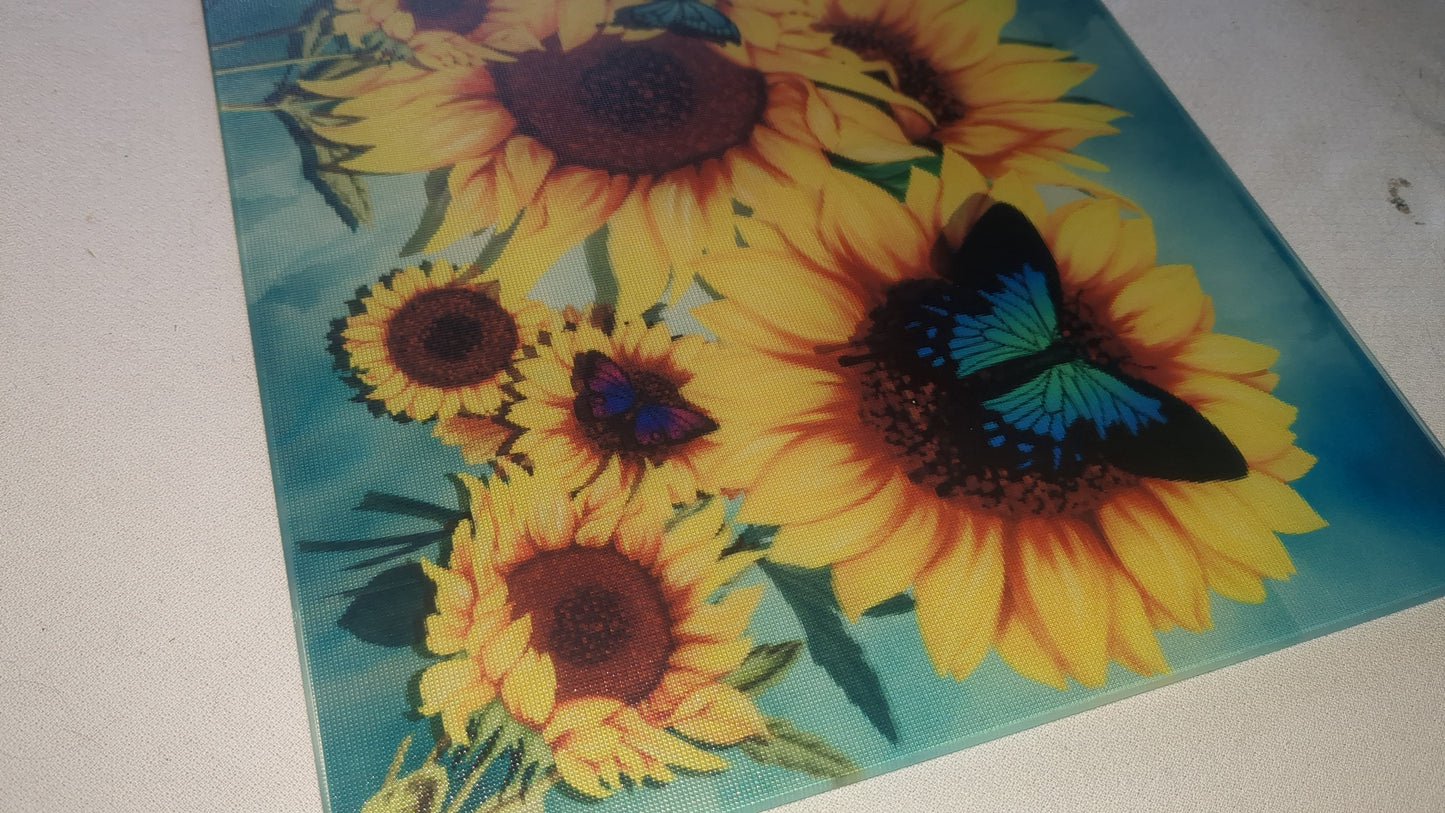 Glass cutting board with sunflowers and butterflies