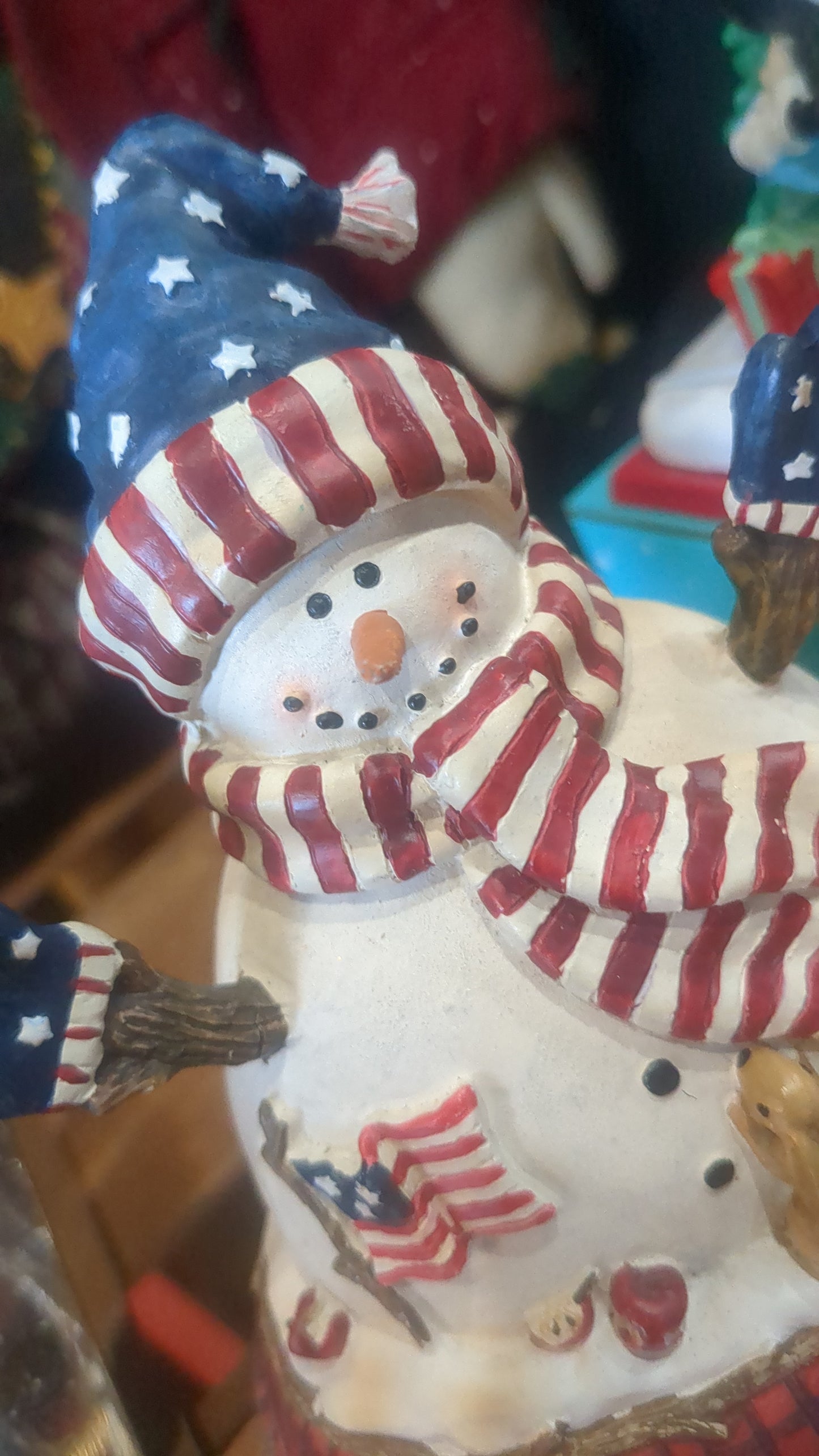 Polyresin stocking holder patriotic snowman